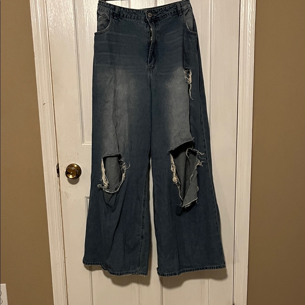 Rue21 Dark Blue Distressed Wide-Leg Jeans